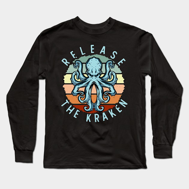 Release the Kraken, Vintage Kraken Ocean Monster Pun Seattle hockey Long Sleeve T-Shirt by Kawaii_Tees